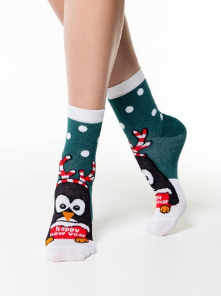 CONTE Новогодние махровые носки "Пингвин" с отворотом, люрексом и стразами