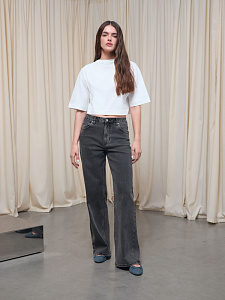 CONTE CON-802 Чёрные джинсы wide leg с эффектом потёртостей и двойными шлёвками